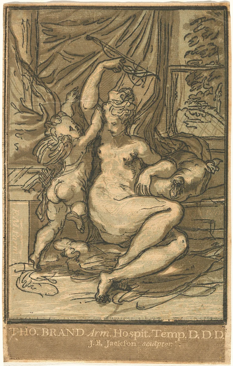 Venus and Cupid with a Bow by John Baptist Jackson; Parmigianino, print, 1731
