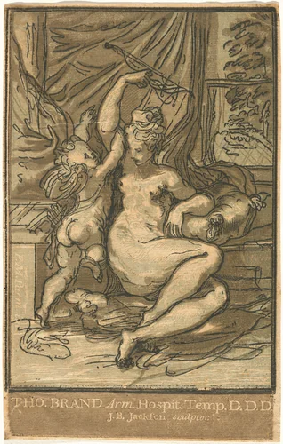 Venus and Cupid with a Bow by John Baptist Jackson; Parmigianino, print, 1731