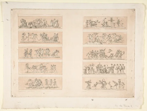 Plate with Ten Bacchanal Scenes by Jean Philippe Guy Le Gentil, print, 1770-1824