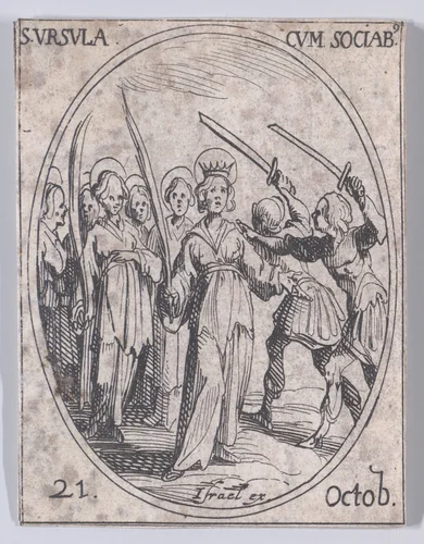Ste. Ursule et Ses Compagnes (St. Ursula and Her Companions), October 21st, from "Les Images De Tous Les Saincts et Saintes de L'Année" (Images of All of the Saints and Religious Events of the Year) by Jacques Callot, print, 1636