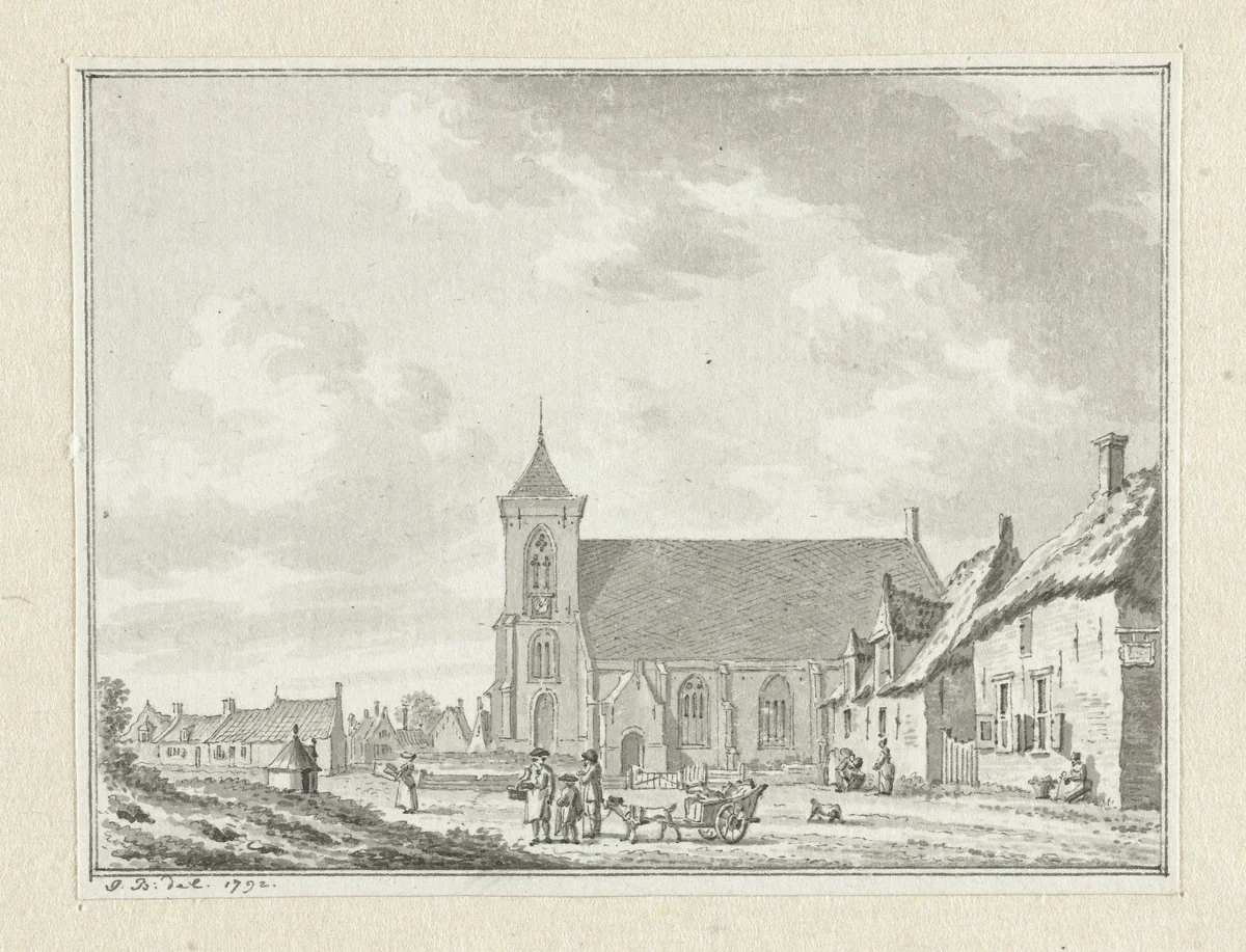 Gezicht op de kerk van Zoutelande by Jan Bulthuis, drawing, 1792