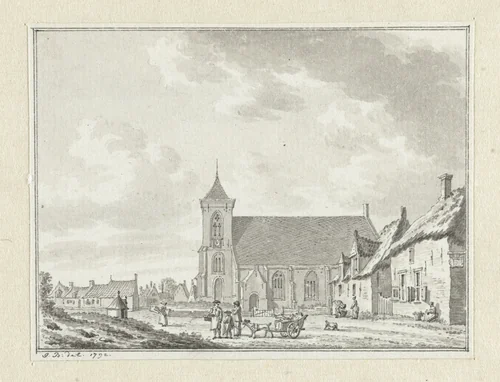 Gezicht op de kerk van Zoutelande by Jan Bulthuis, drawing, 1792