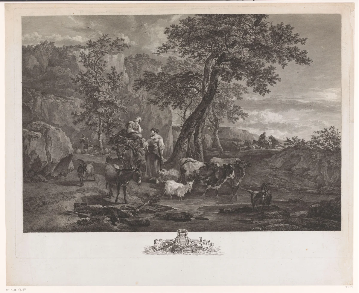 Herders in een landschap by Jacques-Philippe Le Bas, print, 1775