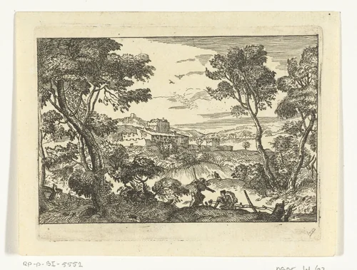 Landschap met staande en zittende vrouw by anonymous, print, 1616-1730