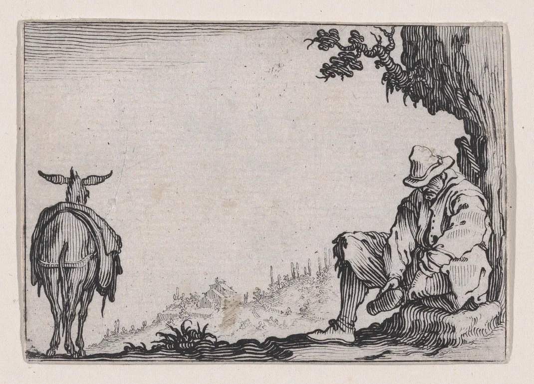 Le Paysan se Déchaussant (The Peasant Removing his Shoes), from "Les Caprices" Series A, The Florence Set by Jacques Callot, print, 1617