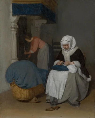 Woman Sewing beside a Cradle by Gerard ter Borch, painting, 1656