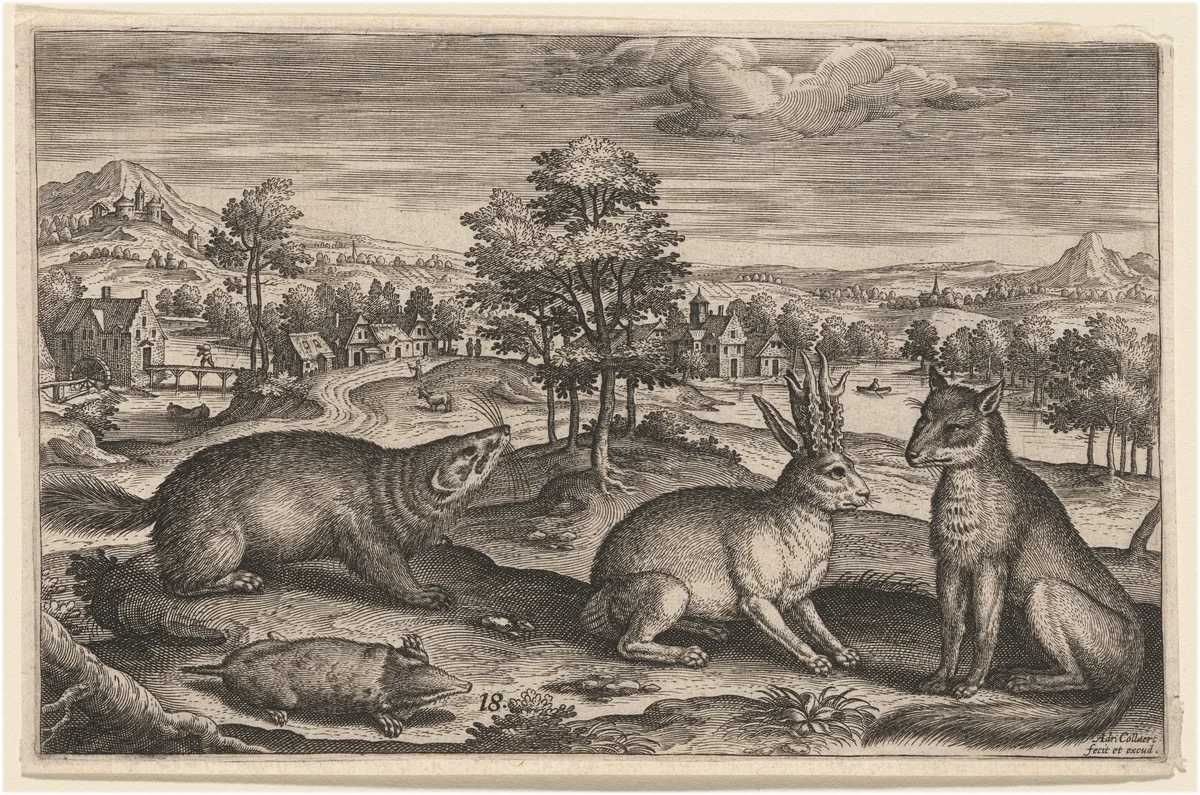 A Mole, a Badger, a Horned Hare and a Fox by Adriaen Collaert, print, 1592-1602