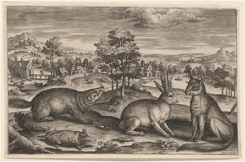 A Mole, a Badger, a Horned Hare and a Fox by Adriaen Collaert, print, 1592-1602