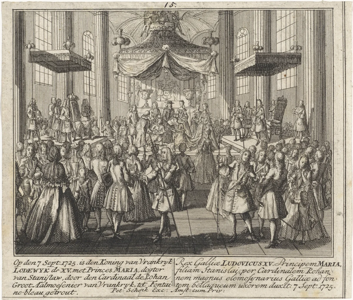 Huwelijk tussen Lodewijk XV en Maria Lesczinska by Leonard Schenk, print, 1727