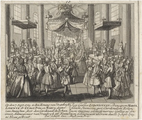 Huwelijk tussen Lodewijk XV en Maria Lesczinska by Leonard Schenk, print, 1727