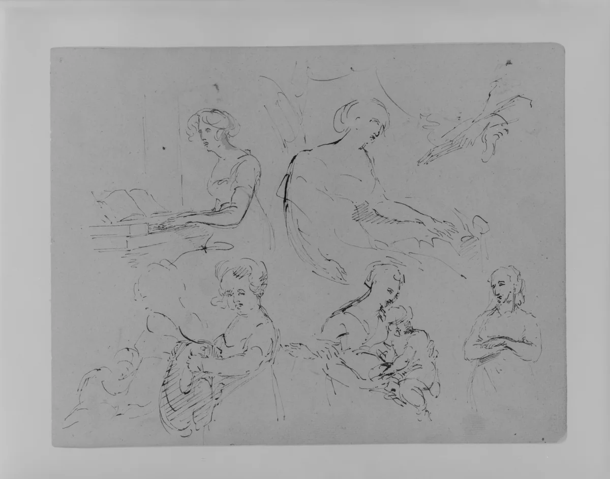 Five Half-Length Female Figures, One at a Spinet (from Sketchbook) by Thomas Sully, artwork, 1810-1820