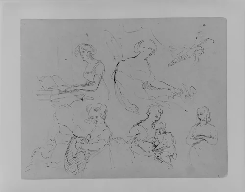 Five Half-Length Female Figures, One at a Spinet (from Sketchbook) by Thomas Sully, artwork, 1810-1820