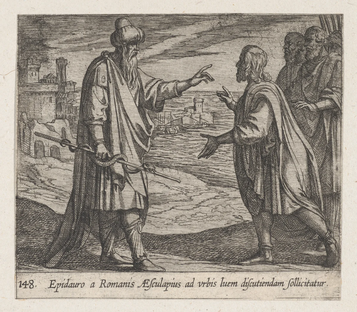 Plate 148: Aesculapius Speaking to the Romans (Epidauro a Romanis AEsculapius ad urbis luem discutiendam sollicitatur), from Ovid's 'Metamorphoses' by Antonio Tempesta, print, 1606