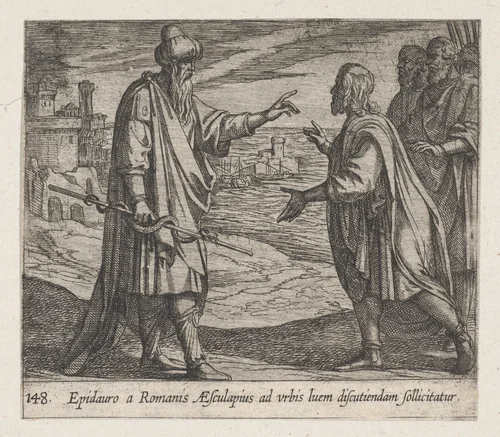 Plate 148: Aesculapius Speaking to the Romans (Epidauro a Romanis AEsculapius ad urbis luem discutiendam sollicitatur), from Ovid's 'Metamorphoses' by Antonio Tempesta, print, 1606
