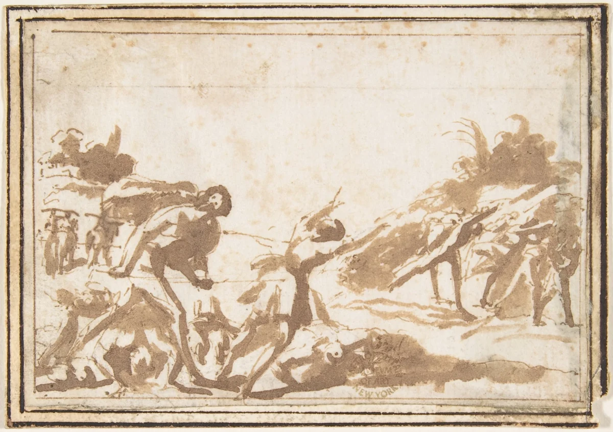Unidentified Scene: Figures in a Landscape by Francesco Allegrini, drawing, 1624-1663