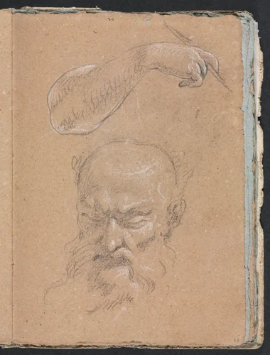 Verona Sketchbook: Head of a bearded man and right arm and hand (page 59) by Francesco Lorenzi, book, 1760
