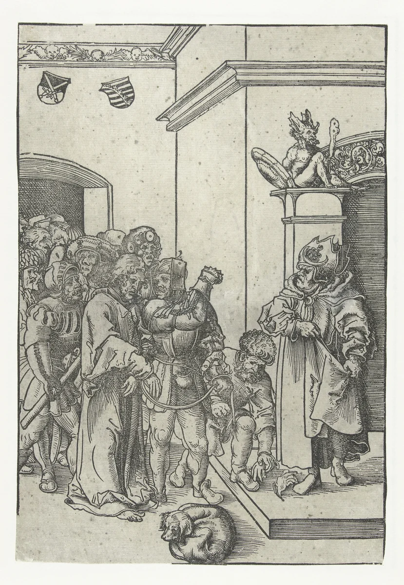 Christus voor Kajafas geleid by Lucas Cranach, print, 1509