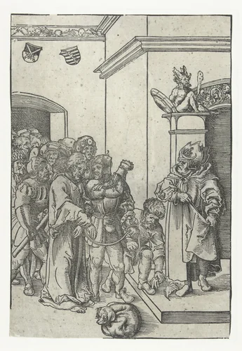 Christus voor Kajafas geleid by Lucas Cranach, print, 1509
