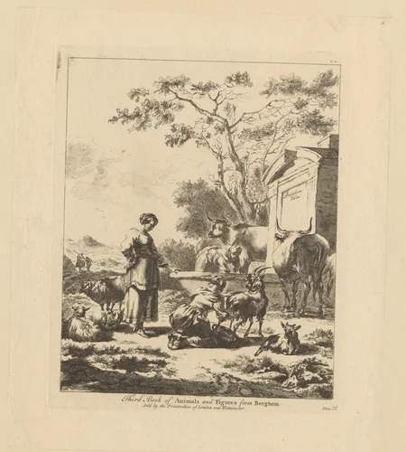 Herderinnen met kudde bij een bron by François Vivares, print, 1719-1780