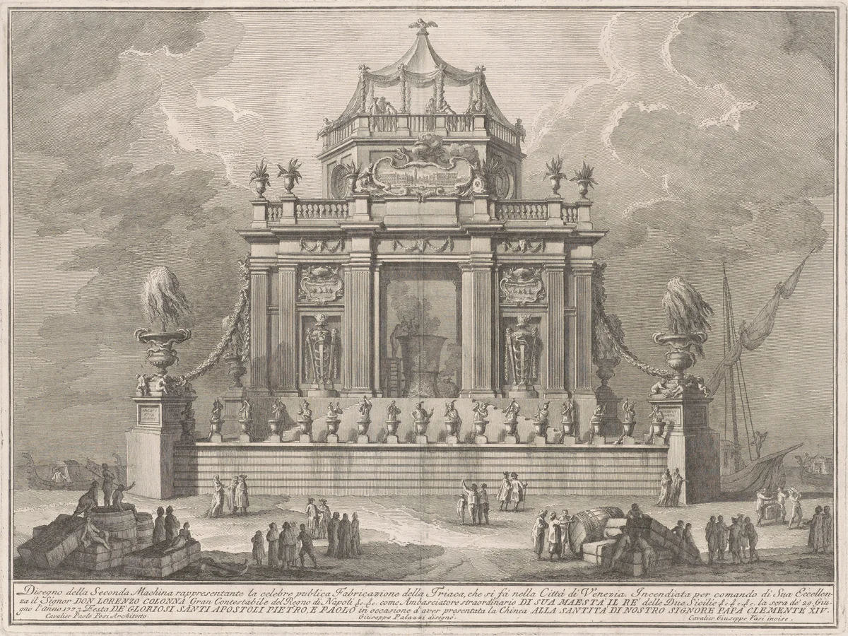 The Seconda Macchina for the Chinea of 1773: The Preparation of Theriac in Venice by Giuseppe Vasi, print, 1773