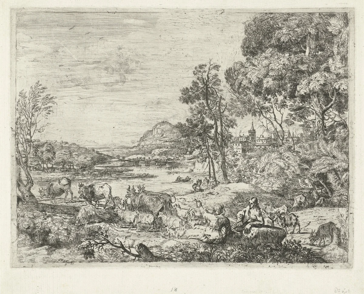 Herder en herderin in gesprek by Claude Lorrain, print, 1649-1653