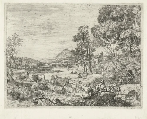 Herder en herderin in gesprek by Claude Lorrain, print, 1649-1653