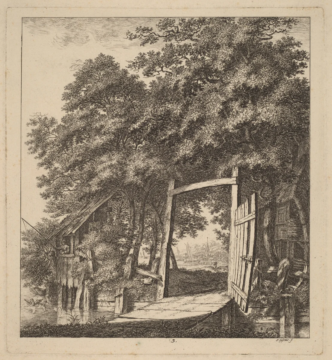 A Rustic Gate beside a Lake by Salomon Gessner, print, 1764