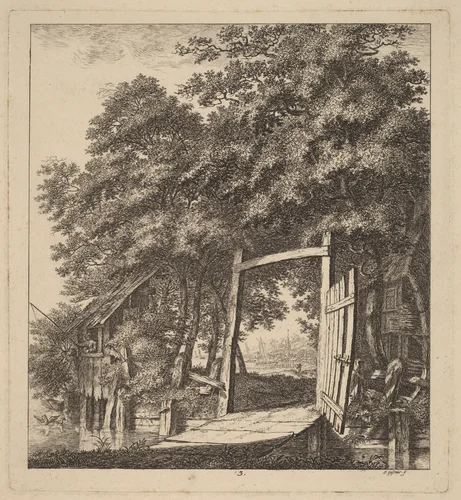 A Rustic Gate beside a Lake by Salomon Gessner, print, 1764