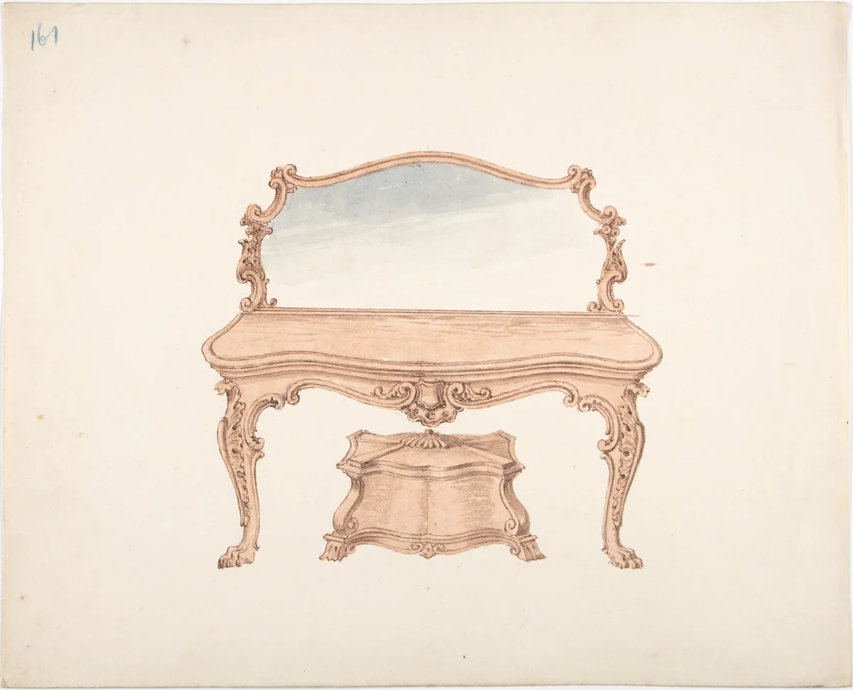 Design for a Mirrored Dressing Table with Baroque Ornament, and a Casket by anonymous, drawing, 1800-1850