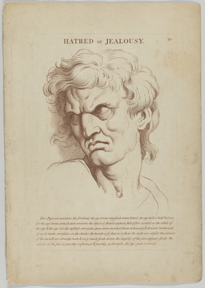 Hatred or Jealousy, plate 20 from "Heads Representing the Various Passions of the Soul; as they are Expressed in the Human Countenance: Drawn by that Great Master Monsieur Le Brun" by anonymous, print, 1765-1800
