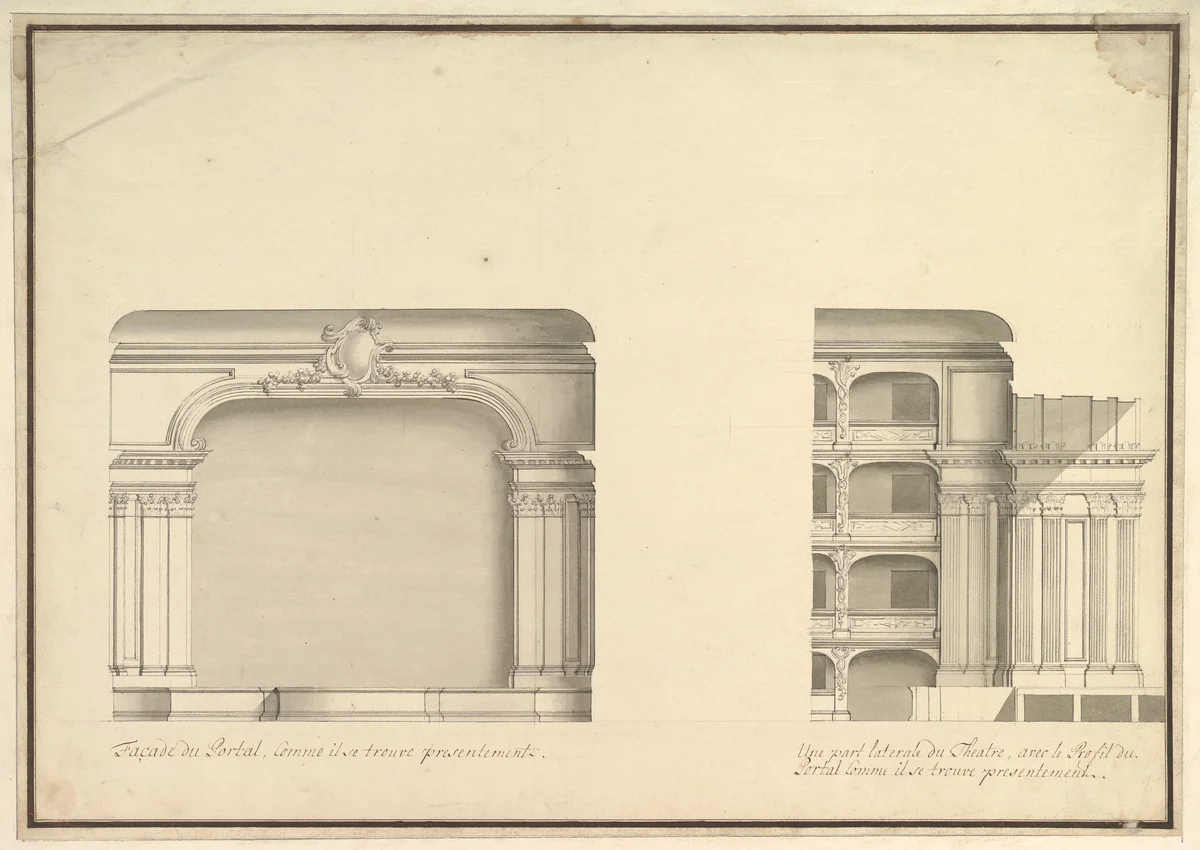 Elevation of Proscenium and Lateral View by Giuseppe Galli Bibiena, drawing, 1745-1755