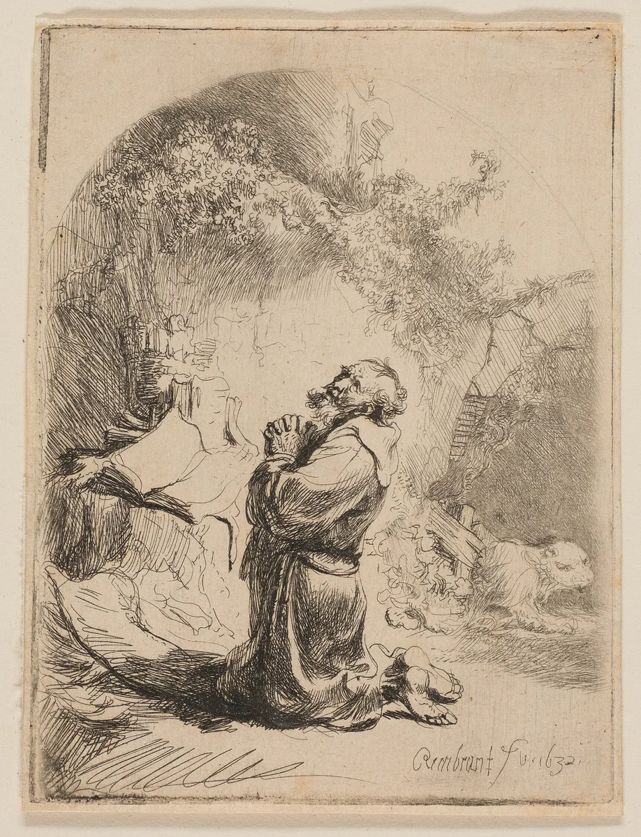 St. Jerome Praying: Arched by Rembrandt van Rijn, print, 1632