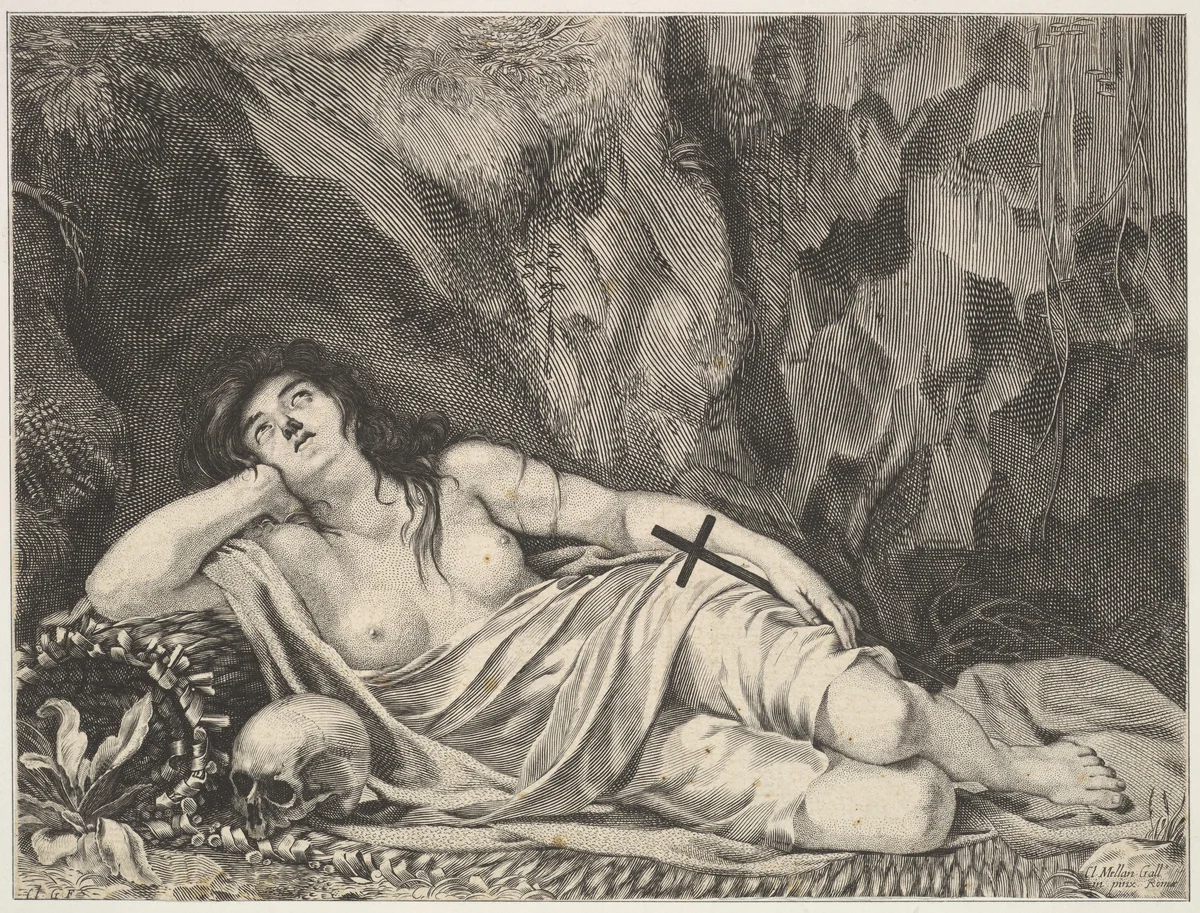 St. Mary Magdalen Reclining in a Grotto by Claude Goyrand, print, 1620-1662