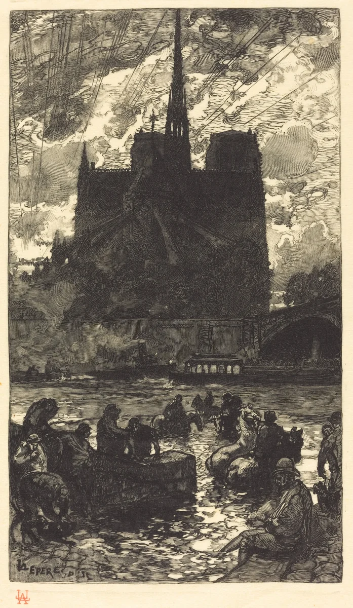 Watering-place behind Notre-Dame (L'abreuvoirderriere Notre-Dame) by Auguste Lepère, print, 1897