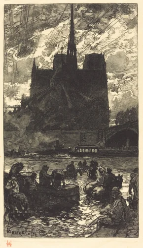 Watering-place behind Notre-Dame (L'abreuvoirderriere Notre-Dame) by Auguste Lepère, print, 1897