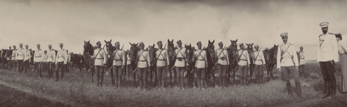 Grand Dukes Michael Alexandrovich amd Alexander Mikhailovich with Grand Duchess Olga Alexandrovna, Maneuvers, Peterhof by Unidentified Photographer, photograph, 1905