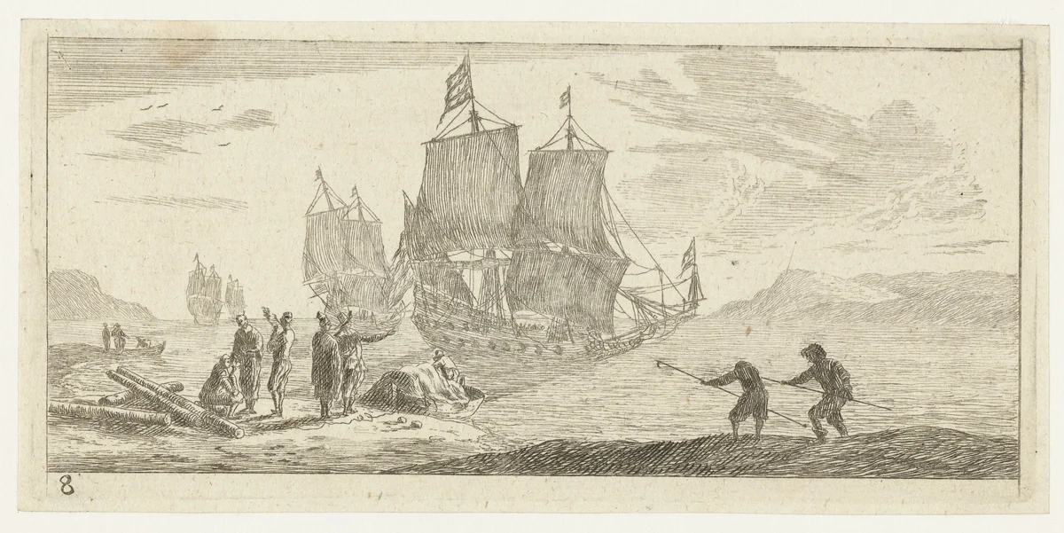 Vier grote zeilschepen in een baai by Reinier Nooms, print, 1651-1652