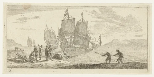 Vier grote zeilschepen in een baai by Reinier Nooms, print, 1651-1652