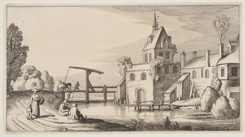 Village on a River, from Landscapes (Playsante Lantschappen) by Claes Jansz. Visscher II, print, 1641