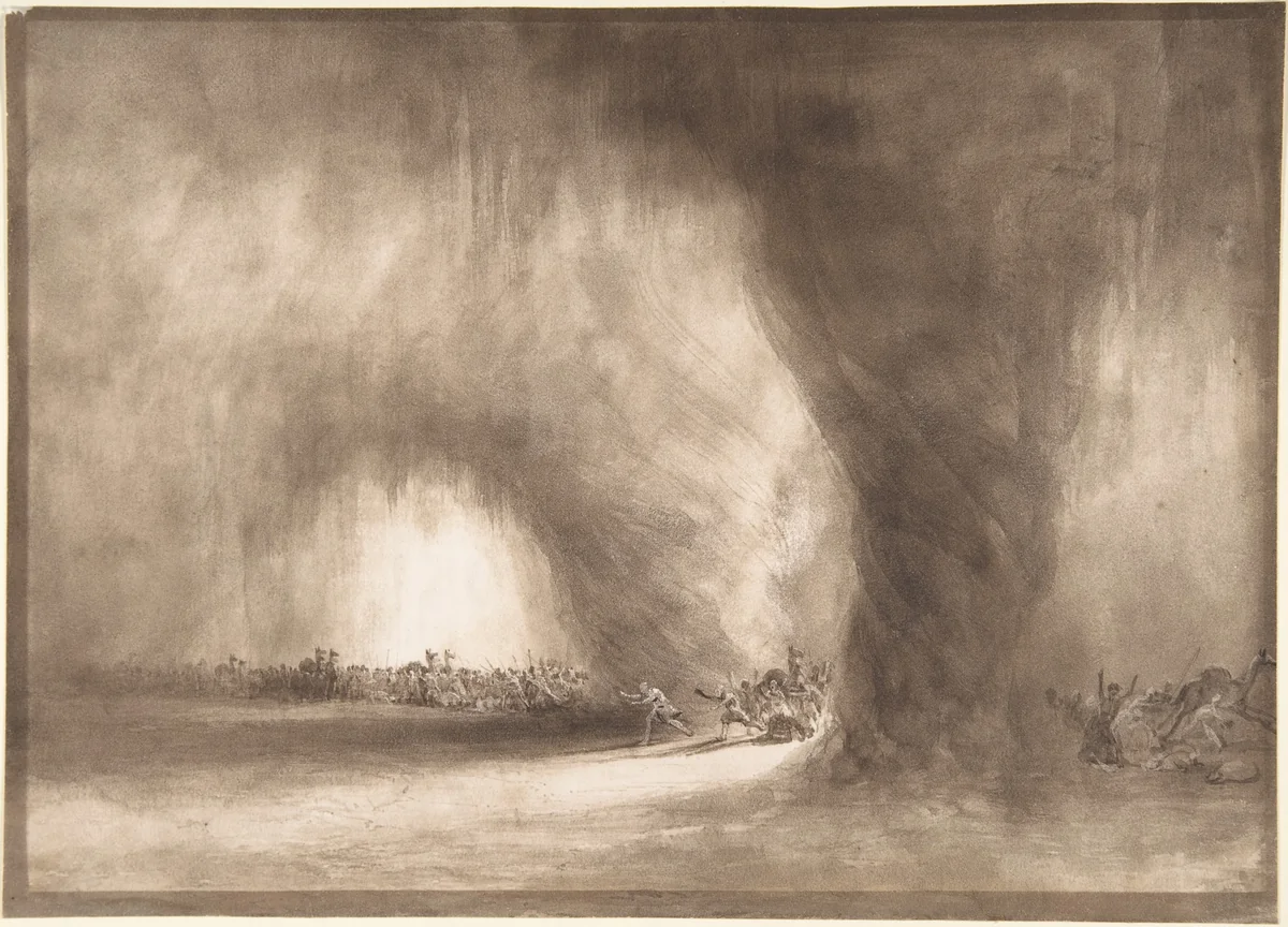 A column of oriental travelers scattered by a dust storm by William West, drawing, 1820-1840