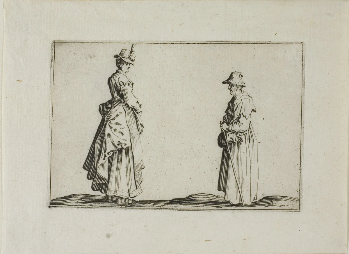 Two Women in Profile, from The Caprices by Jacques Callot, print, 1617-1627