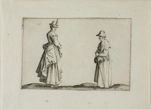 Two Women in Profile, from The Caprices by Jacques Callot, print, 1617-1627