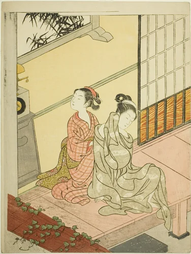 The Evening Bell of the Clock (Tokei no bansho), from the series "Eight Views of the Parlor (Zashiki hakkei)" by Suzuki Harunobu (鈴木春信), print, 1761-1770