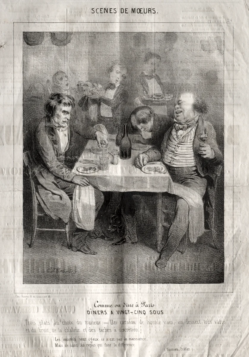Scènes de moeurs: Comme ou dine à Paris. Diners a vingt-cing sous. Trois plates au choix du traiteur... by Charles-Joseph Traviès, print, 1830-1845