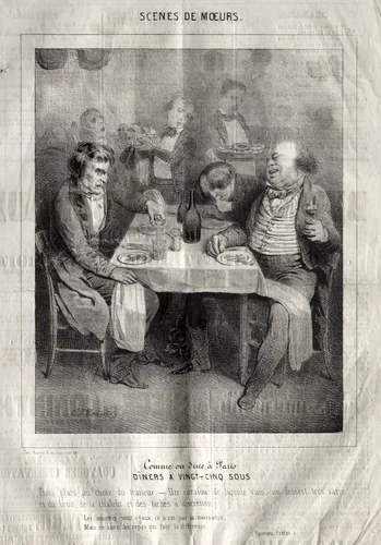 Scènes de moeurs: Comme ou dine à Paris. Diners a vingt-cing sous. Trois plates au choix du traiteur... by Charles-Joseph Traviès, print, 1830-1845