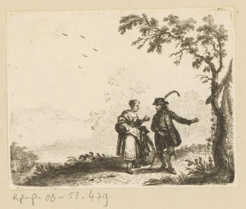 Man pratend met vrouw met kind op pad bij een boom by Johann Andreas Benjamin Nothnagel, print, 1739-1804