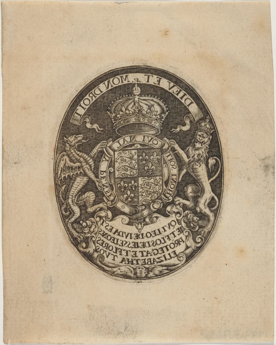 Shield of Queen Elizabeth by Simon van de Passe, print, 1595-1647