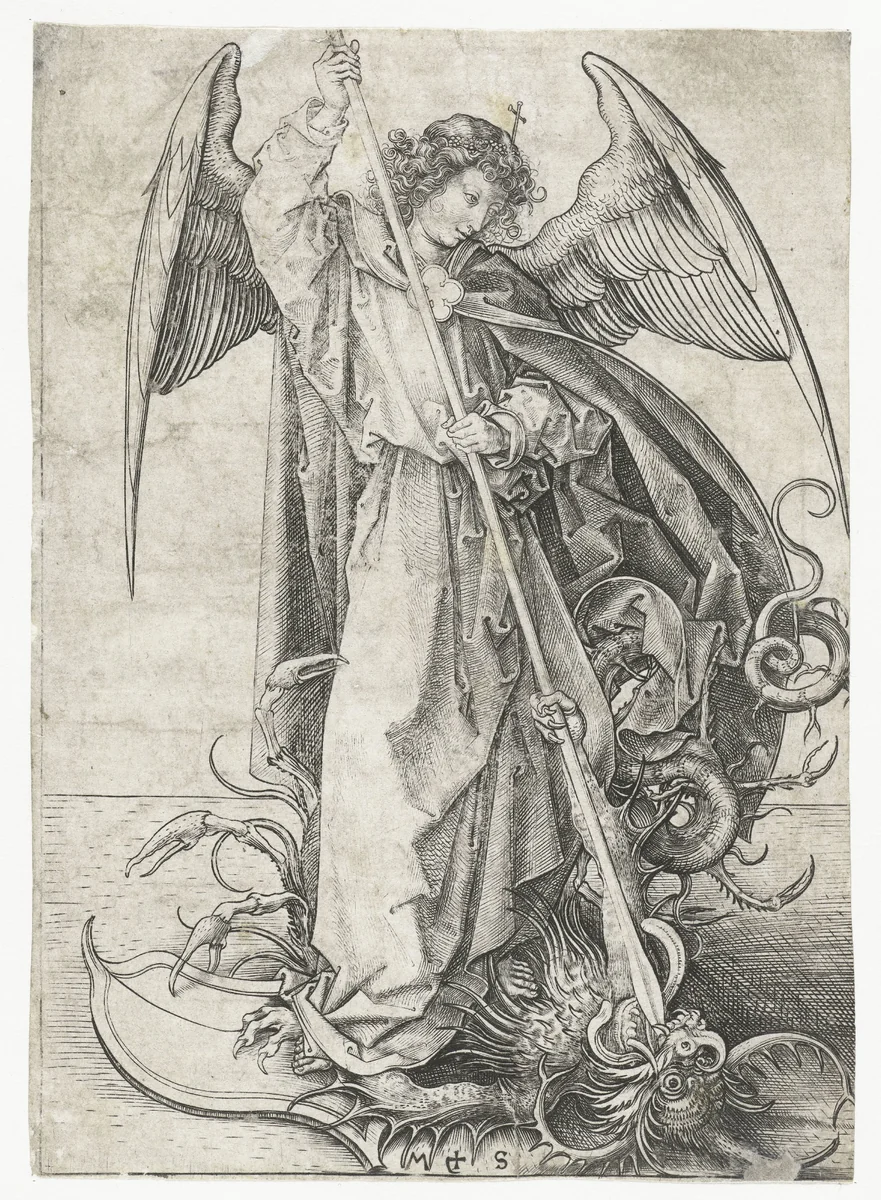 De Heilige Michaël en de draak by Unknown, print, 1470-1491