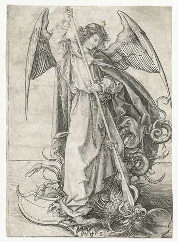 De Heilige Michaël en de draak by Unknown, print, 1470-1491