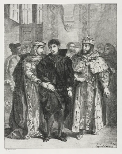 Hamlet: The Queen Endeavors to Console Hamlet by Eugène Delacroix, print, 1834
